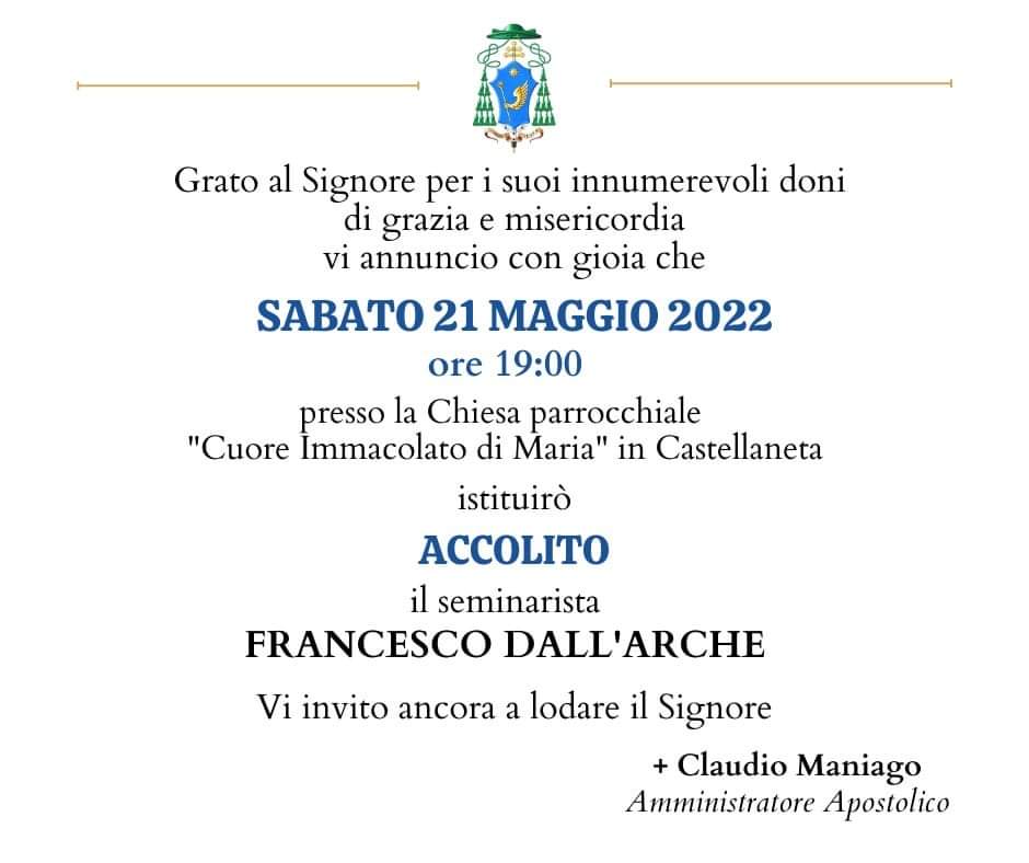 Conferimento del ministero dell’Accolitato al seminarista Francesco Dall’Arche – Diocesi Conferimento del ministero dell’Accolitato al seminarista Francesco Dall’Arche – Diocesi di Castellaneta