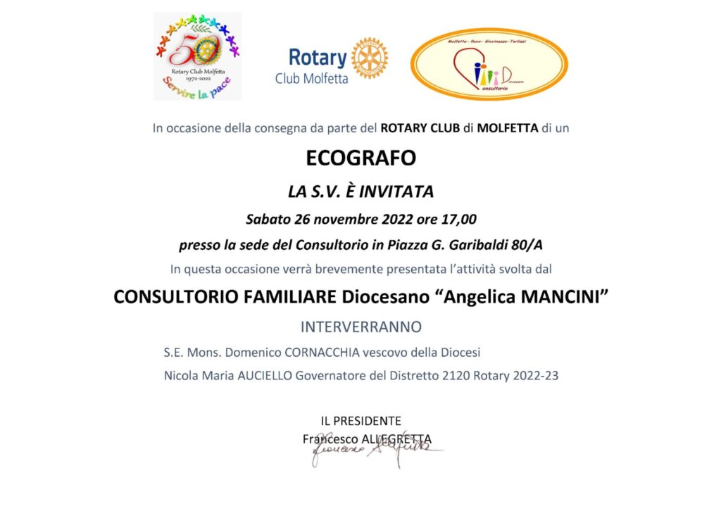 Il Rotary Club di Molfetta dona un ecografo al Consultorio Il Rotary Club di Molfetta dona un ecografo al Consultorio diocesano – Luce e vita