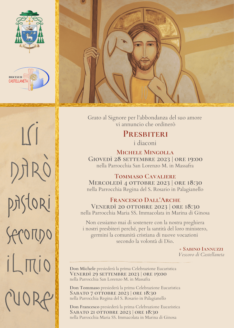 Ordinazione Presbiterale dei Diaconi Don Michele Mingolla, Don Tommaso Cavaliere Ordinazione Presbiterale dei Diaconi Don Michele Mingolla, Don Tommaso Cavaliere e Don Francesco Dall’Arche – Diocesi di Castellaneta