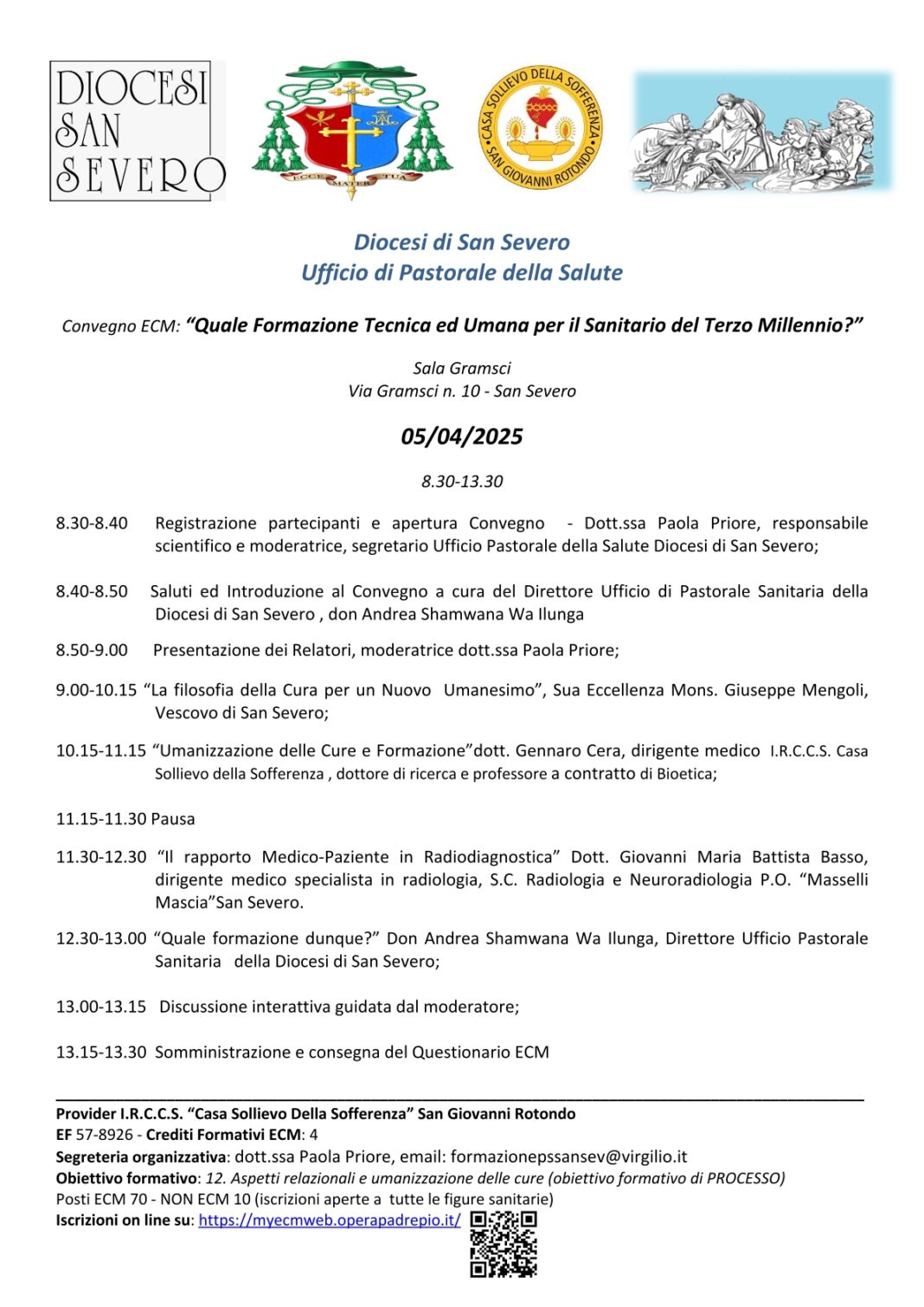 UFFICIO DI PASTORALE DELLA SALUTE. Convegno ECM su “Quale Formazione Tecnico ed Umana per il Sanitario del Terzo Millennio?” a San Severo. 05 aprile 2025