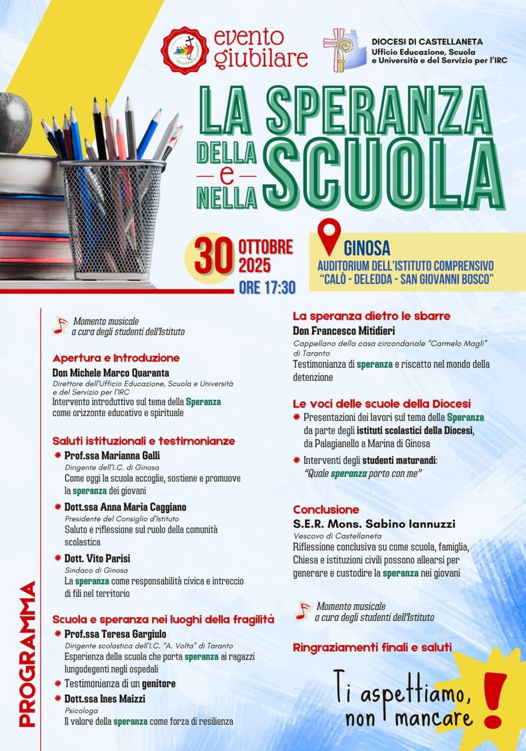 “La Speranza della e nella Scuola”. A Ginosa il Giubileo della Scuola – Diocesi di Castellaneta